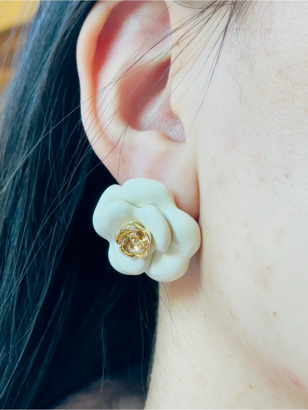 Camellia shape Earrings in Burgundy and Off White with Gold Accent
